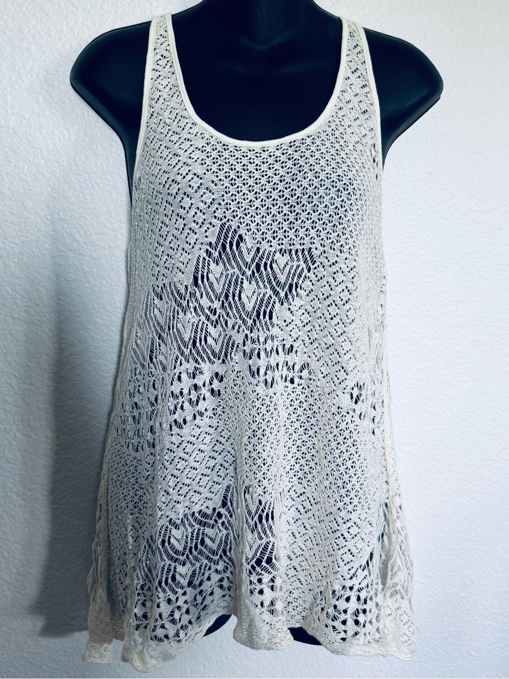 Free People Boho Lace Up Mesh Cream Sheer Tank Top XS